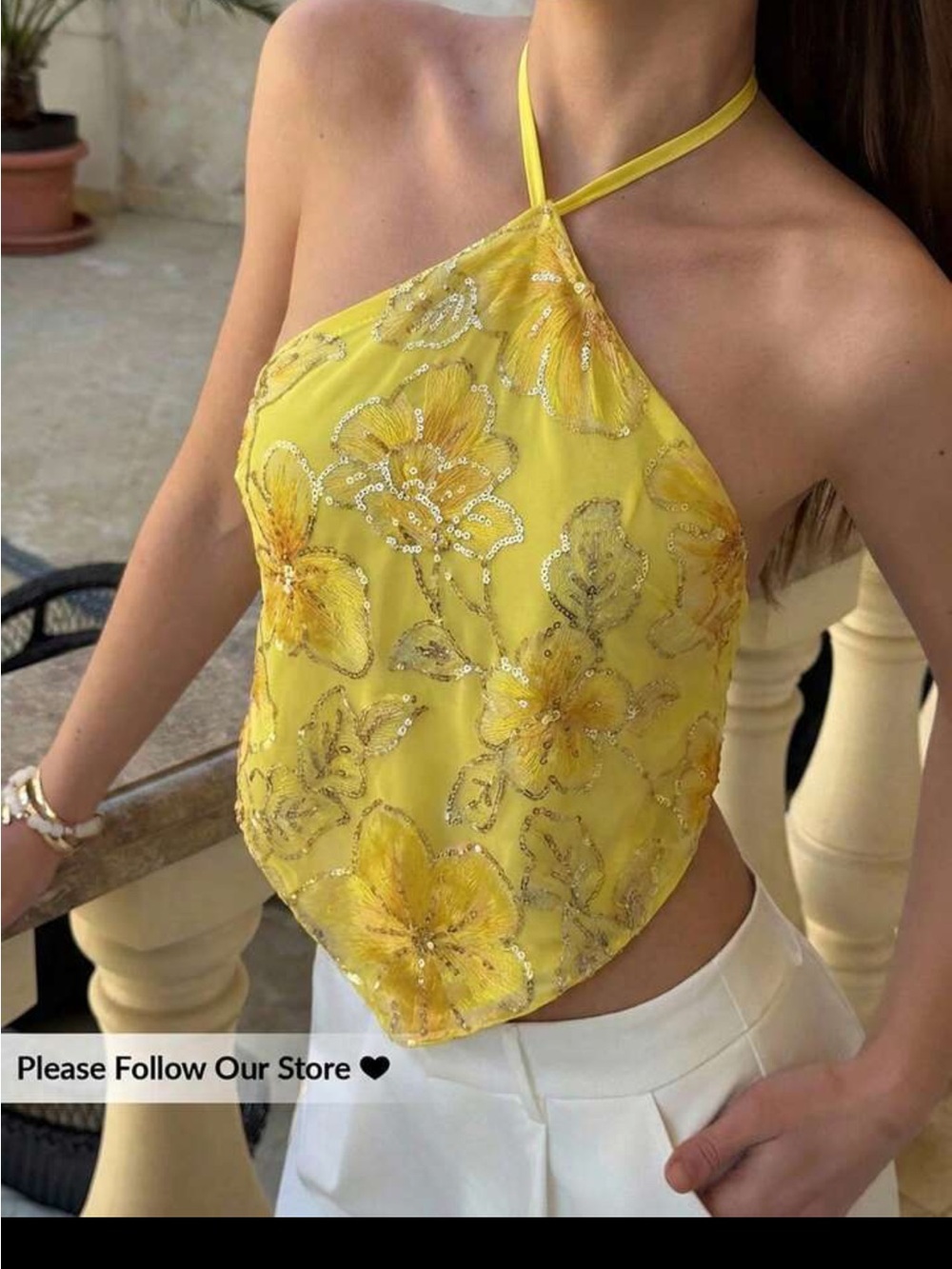 Shein Yellow floral beaded halter top with open